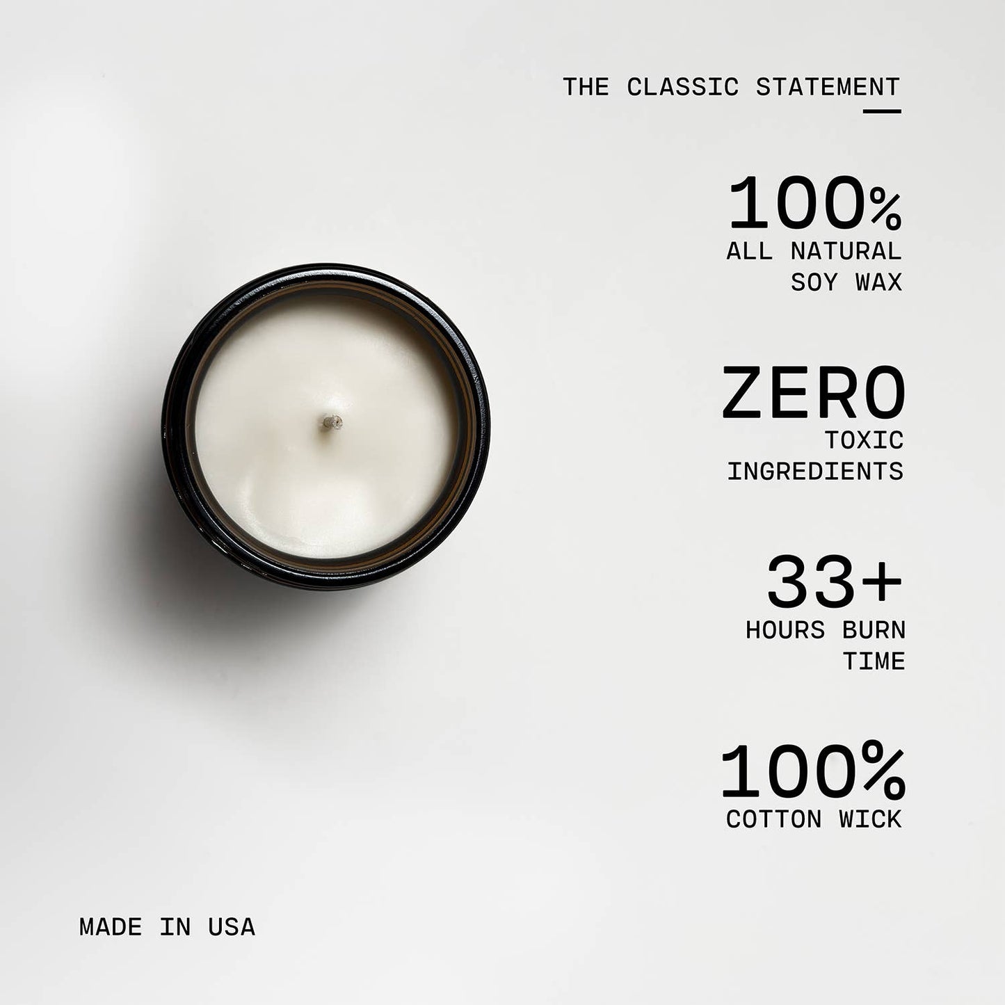 Candle in a black container with text highlighting its features on a white background