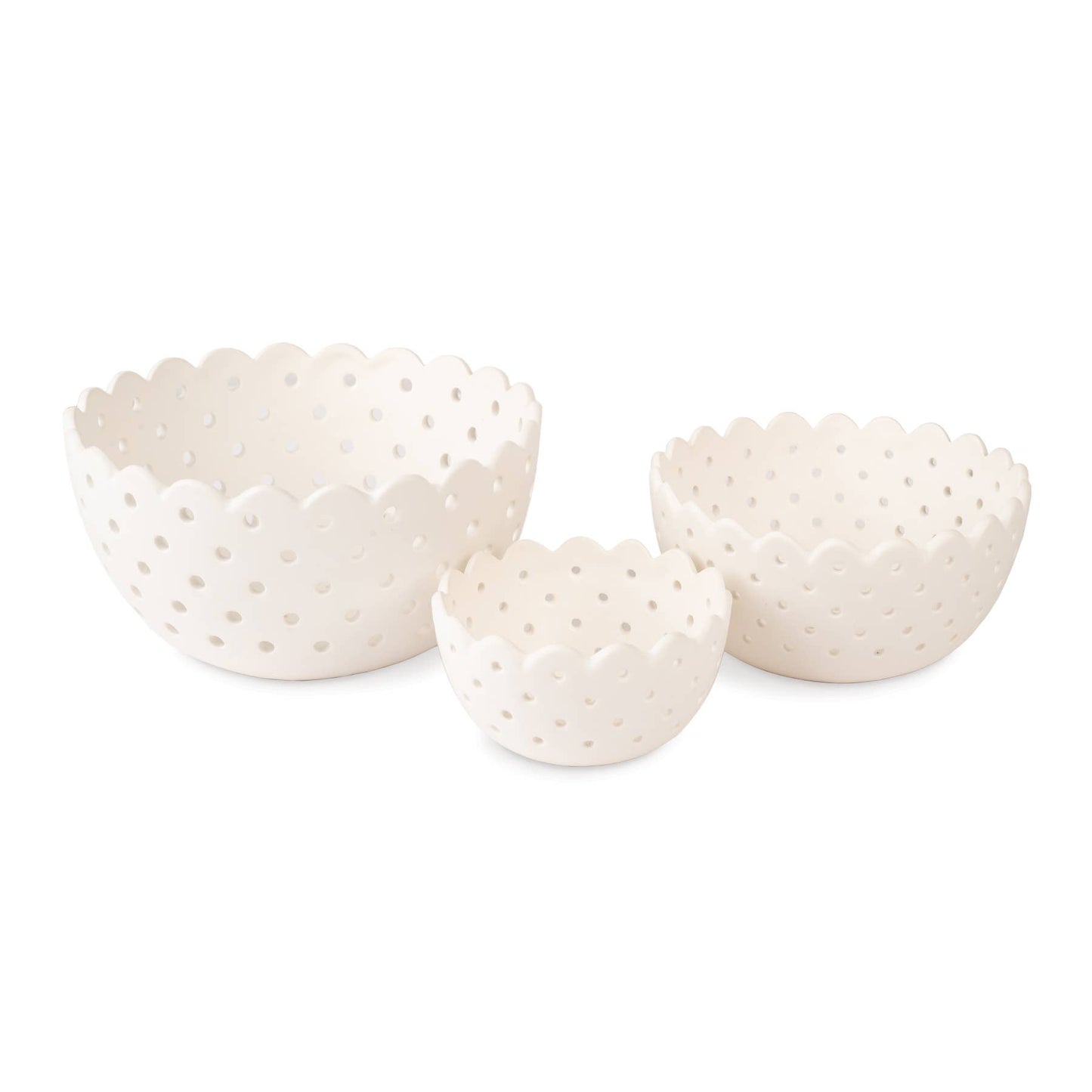 Cottage Bloom Scalloped Ceramic Fruit Bowls S/3 - White