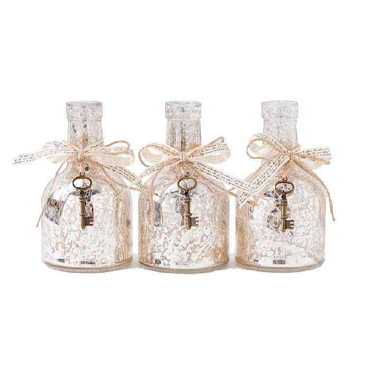 Mercury Glass Bottle W/Ribbon & Key Accent - 6.5"