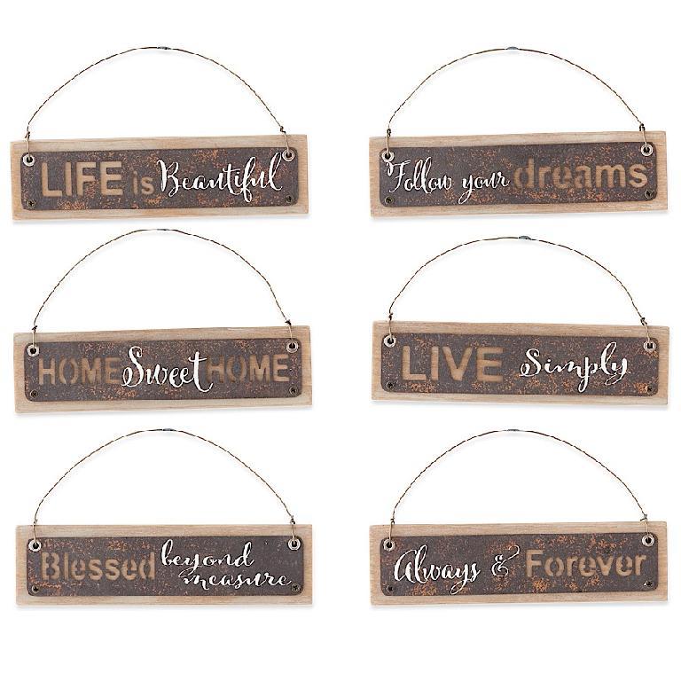 Wood Rustic Tin Message Ornaments - 6 Assorted Styles, 6"