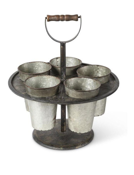 Galvanized Tin Spinning Carrier W/Wood Handle and 5 Tin Buckets - 14"