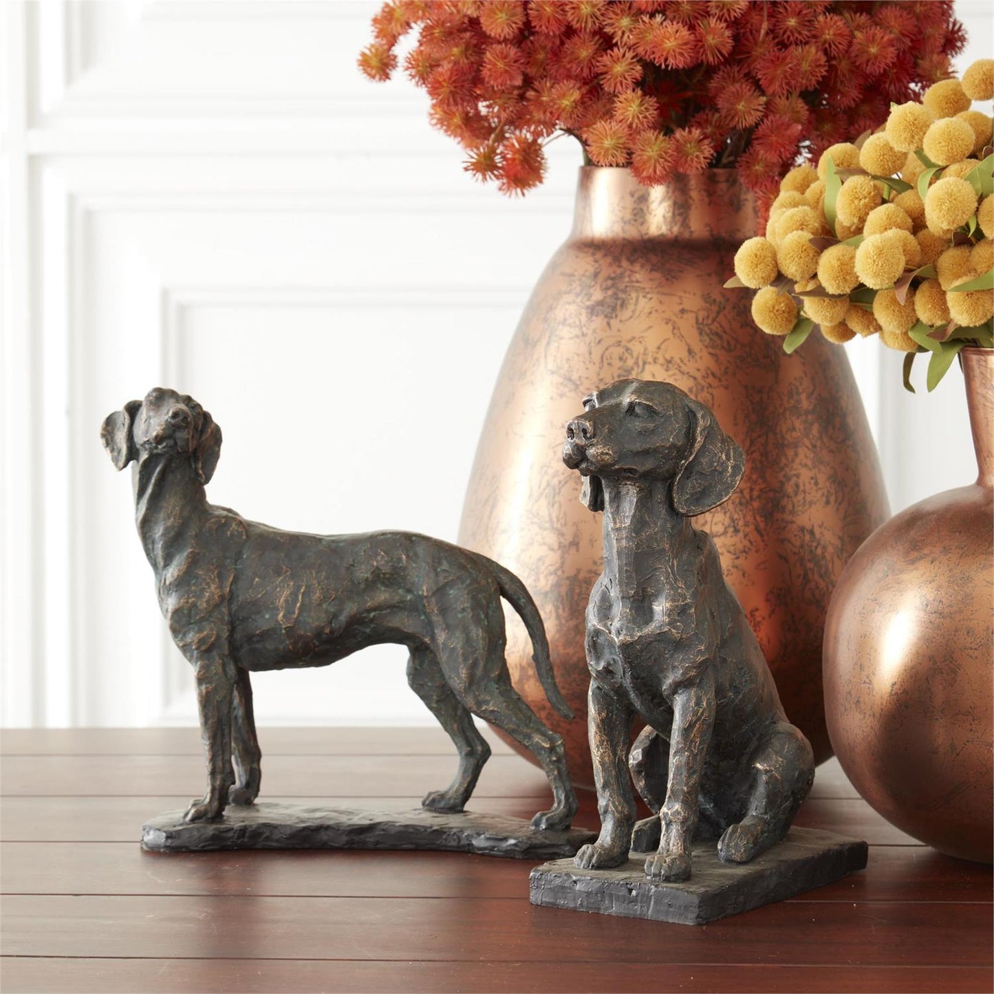 Patina Sitting Dog on Black Base- Resin, 11"