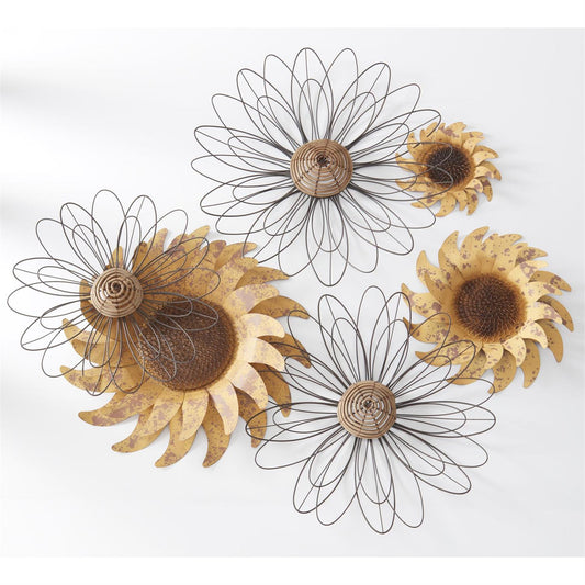 Set of 3 Hanging Distressed Golden Yellow Metal Sunflowers