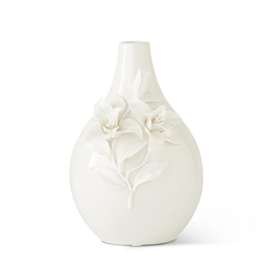 White Ceramic Handcrafted Lily Bottle Neck Vase - 10.5"