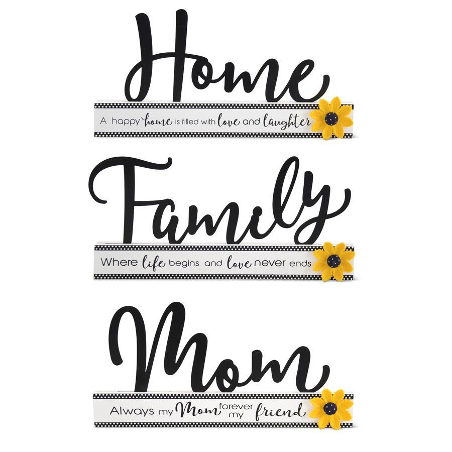 Black and White MOM, HOME, FAMILY Cutout Sign with Sunflower