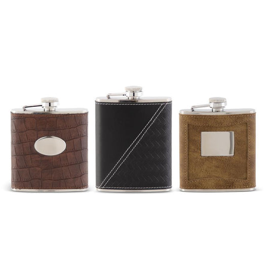Leather Covered Stainless Steel Flasks in 3 Assorted Styles - 5.25H