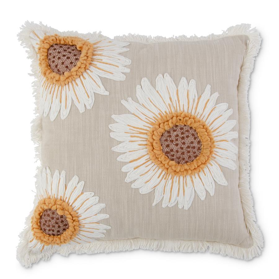 Tan Linen Pillow with Embroidered Sunflowers - 18" Square