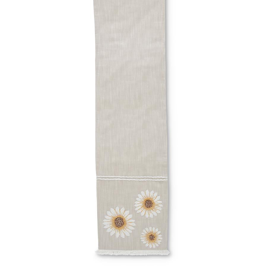 Linen Table Runner with Embroidered Sunflower - 72", Tan