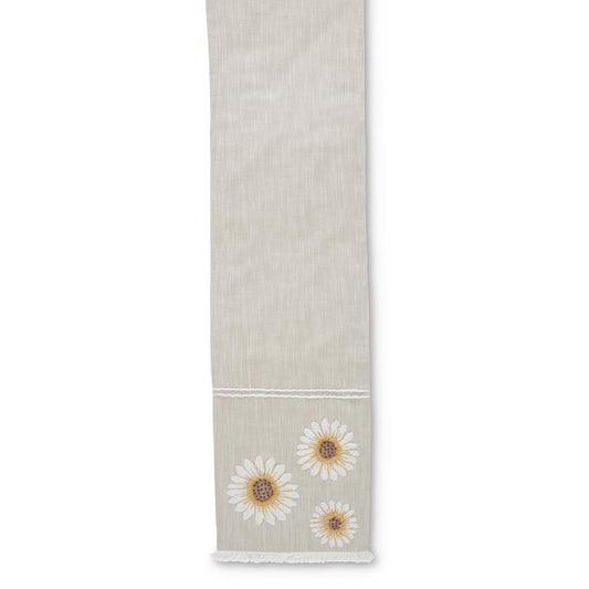 Linen Table Runner with Embroidered Sunflower - 72", Tan