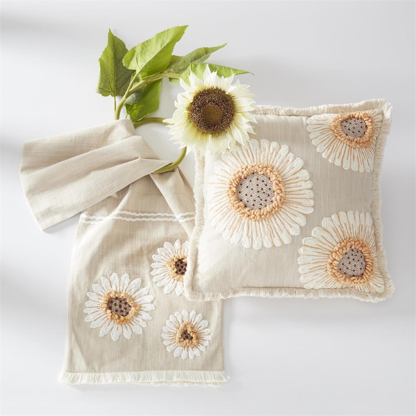 Tan Linen Pillow with Embroidered Sunflowers - 18" Square