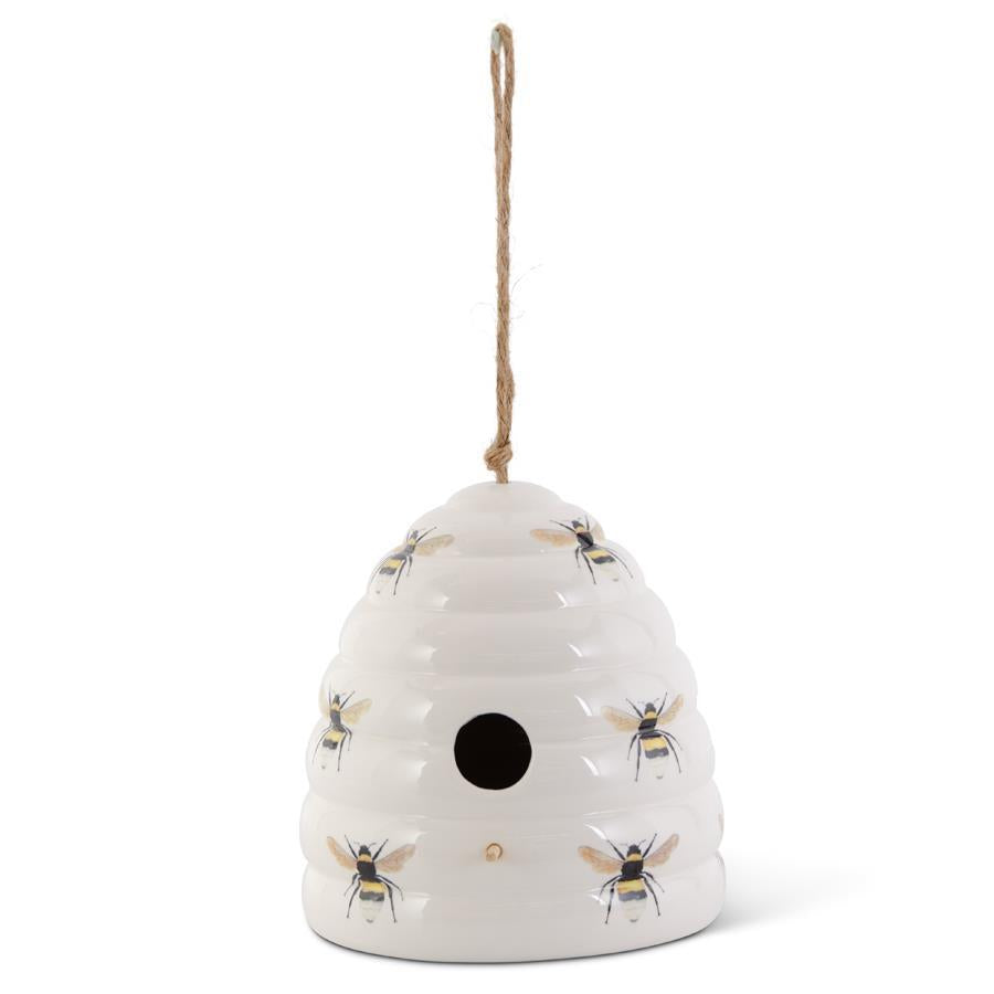 White Ceramic Beehive Birdhouse w/Bee Decals - 7.5"