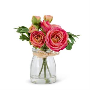 Pink Ranunculus Premade in Glass Vase with Faux Water - 6.75"