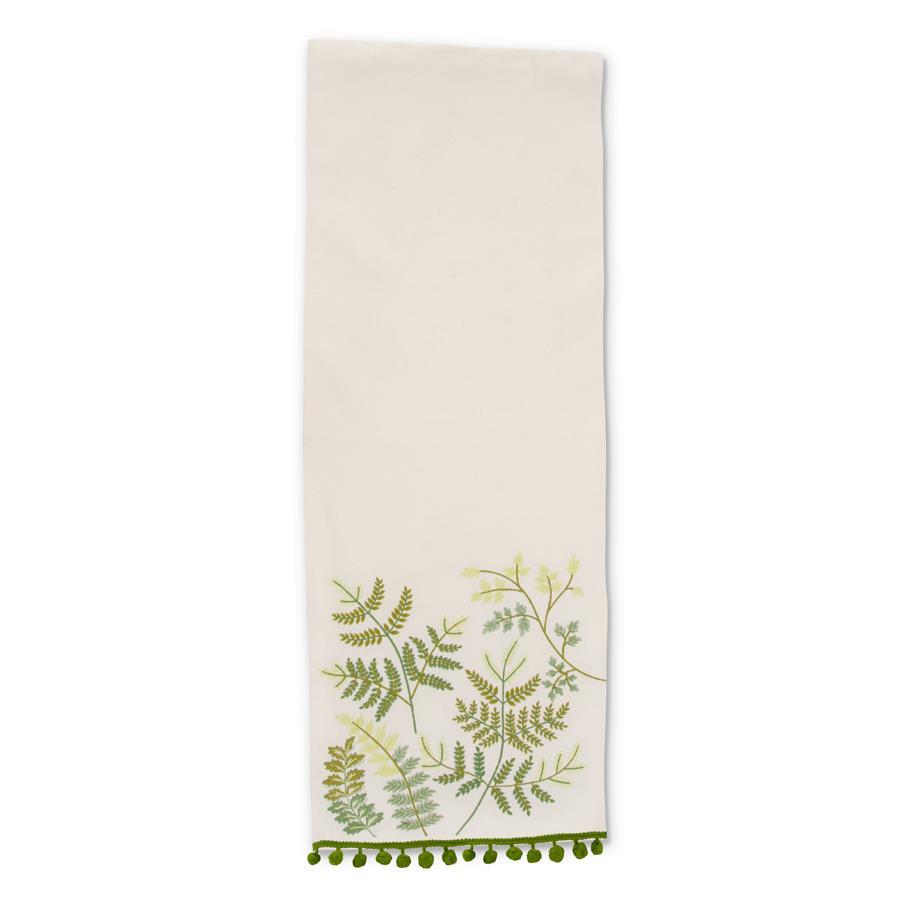 Cream Table Runner W/Embroidered Ferns and Green Pom Poms