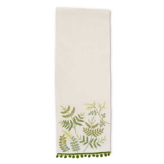 Cream Table Runner W/Embroidered Ferns and Green Pom Poms