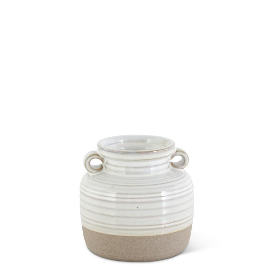 White Ceramic Double Handled Pot with Unglazed Bottom - 5"