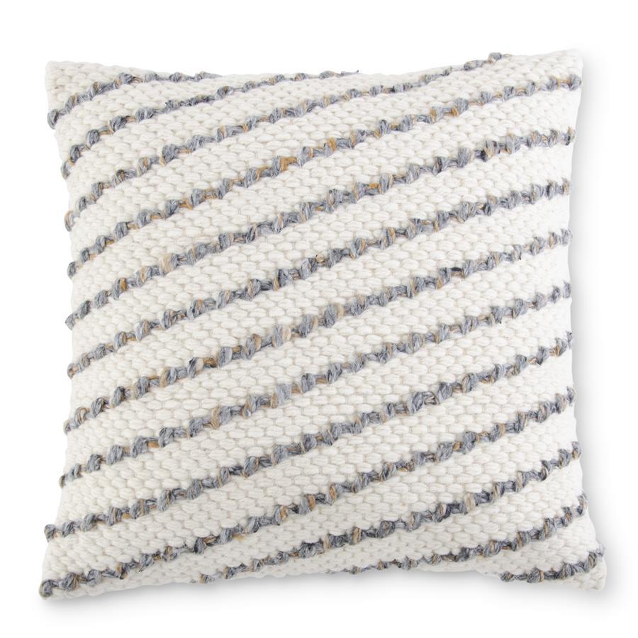 Square White Tan & Blue Hand Woven Striped Pillow - 18"