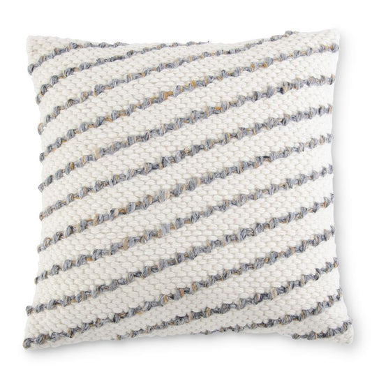 Square White Tan & Blue Hand Woven Striped Pillow - 18"