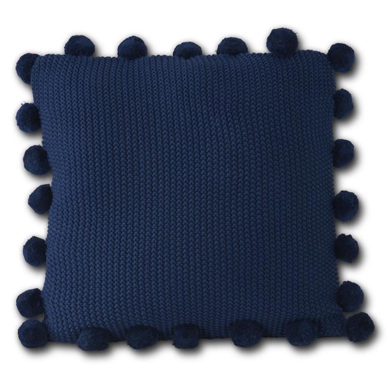 Blue Moss Stitch Knit Pillow w/Pompom Trim - 20"
