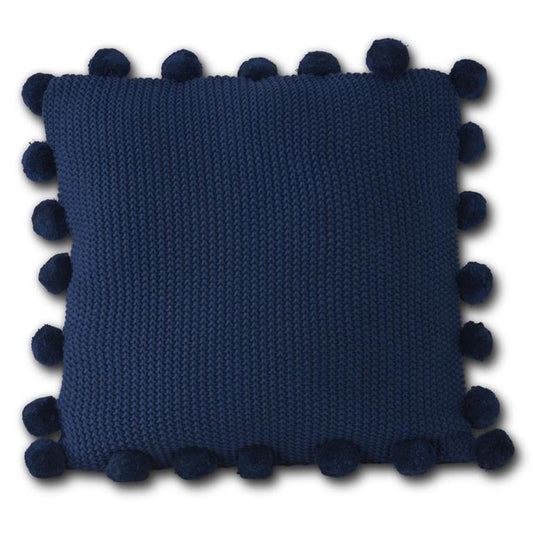 Blue Moss Stitch Knit Pillow w/Pompom Trim - 20"
