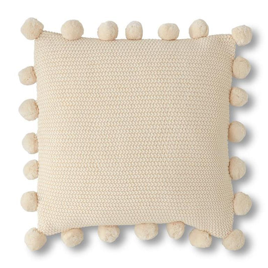 Moss Stitch Knit Pillow with Pompom Trim - 20" Cream