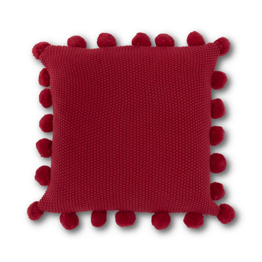 Moss Stitch Knit Pillow with Pompom Trim - Red, 20"