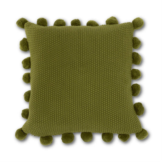 Moss Stitch Knit Pillow with Pompom Trim - Sage Green, 20"