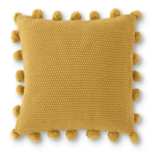 Yellow Moss Stitch Knit Pillow with Pompom Trim - 20"