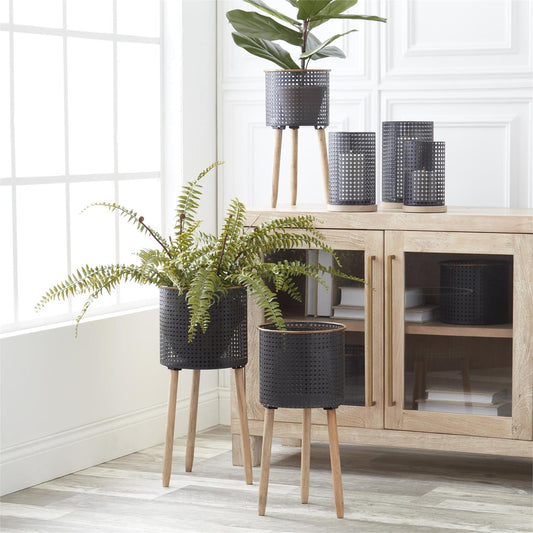 Black Punched Metal Container with Wood Legs - 17.5"