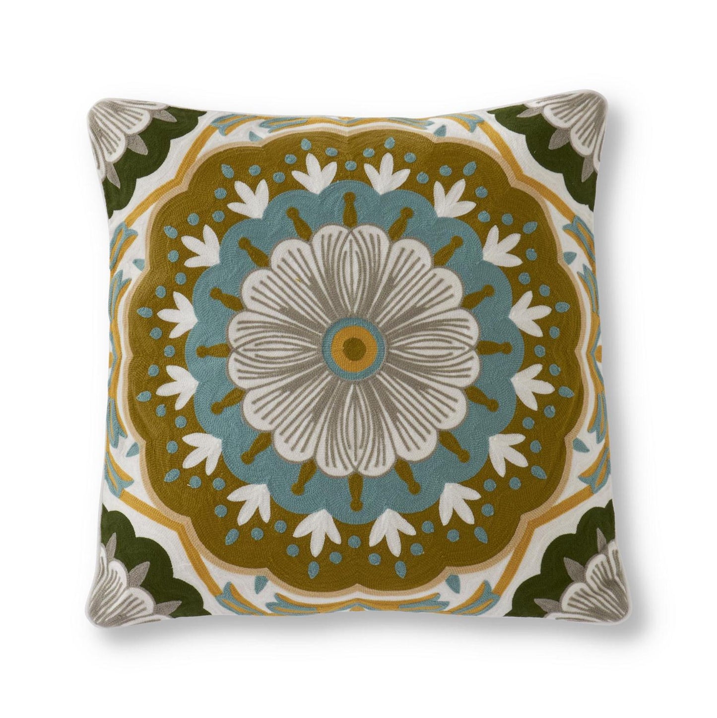 Square Hand Embroidered Multi-color Mandala Pillow - 19"