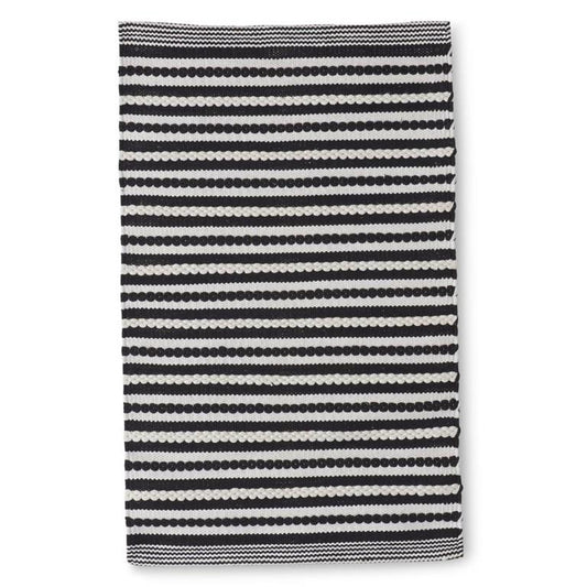 Black and White Cotton Striped Handwoven Rug w/Fringe - 2' x 3'