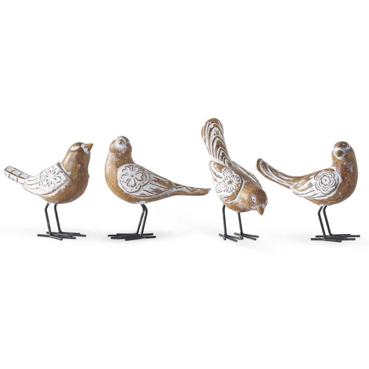 Assorted Whitewashed Resin Carved Birds W/Metal Legs - 4 Styles - 4.5"