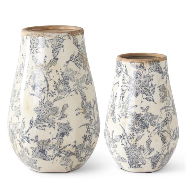 White and Black Floral Ceramic Vase - 8.25"