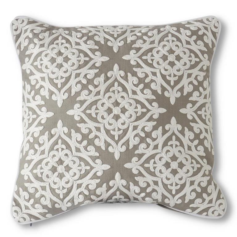 Square Gray Pillow w/White Filigree Applique - 17"