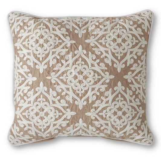 Square Tan Pillow w/White Filigree Applique