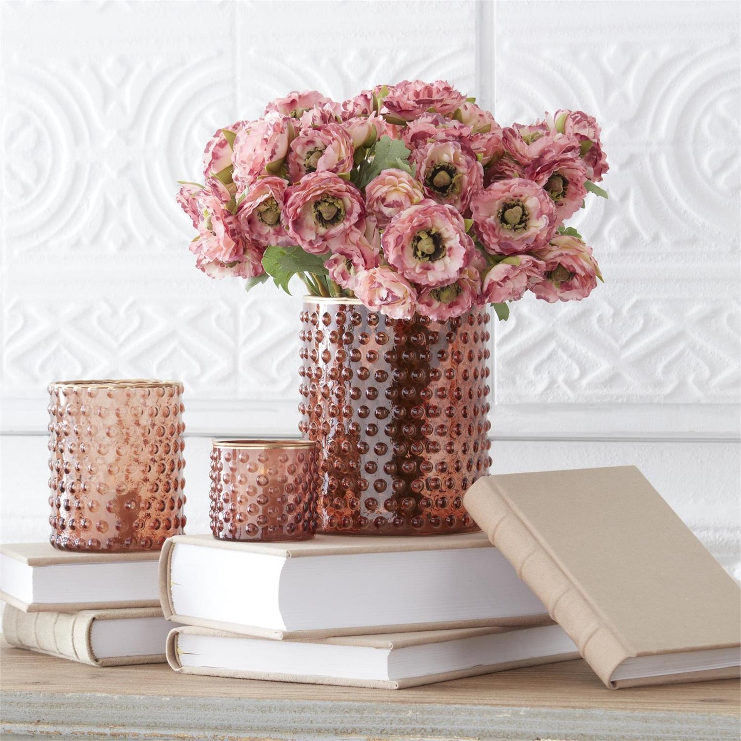 Brown Dot Embossed Glass Container w/Gold Painted Rim - 6.5"