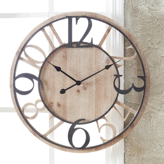 Wood And Black Metal Wall Clock - 26.75"