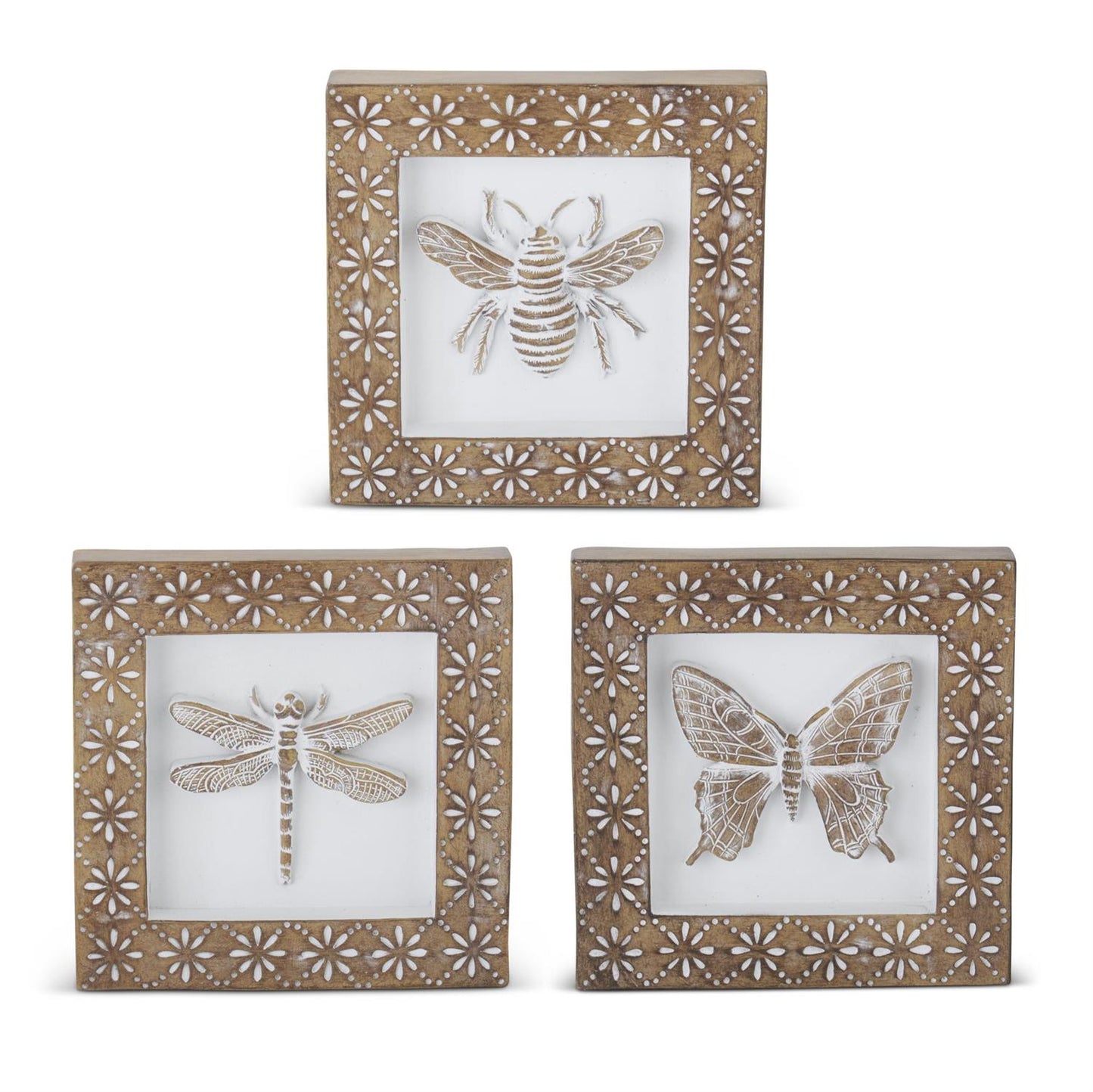 Whitewashed Carved Resin Insect Shadow Boxes - 6", 3 Assorted Styles