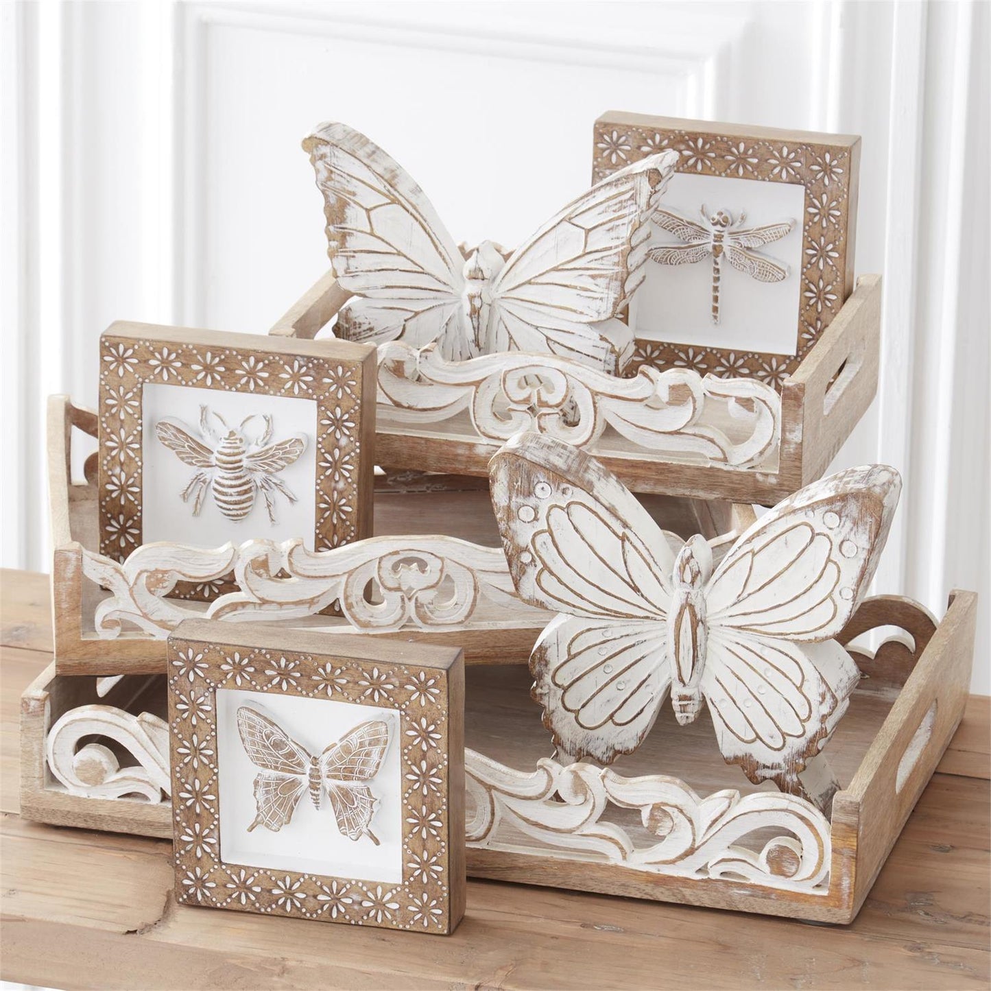 Whitewashed Carved Resin Insect Shadow Boxes - 6", 3 Assorted Styles