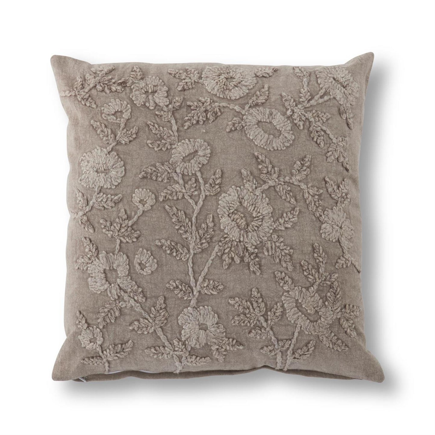 Cotton Stone Washed Taupe Floral Embroidered Pillow - 20"