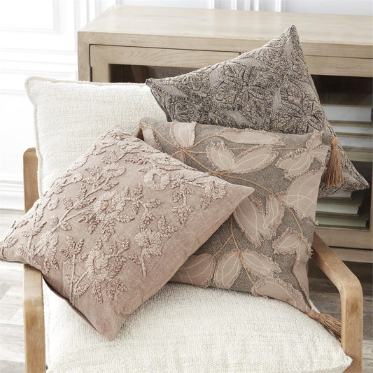Cotton Stone Washed Taupe Floral Embroidered Pillow - 20"