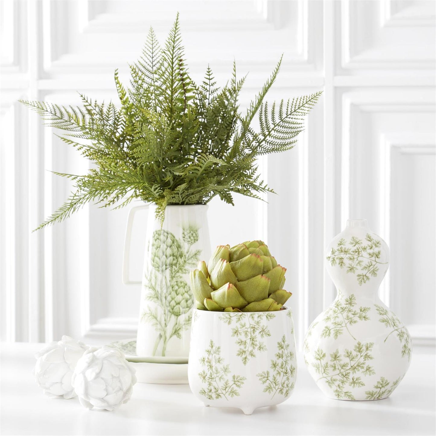 Green Foliage on White Dolomite Pot - 5.25"