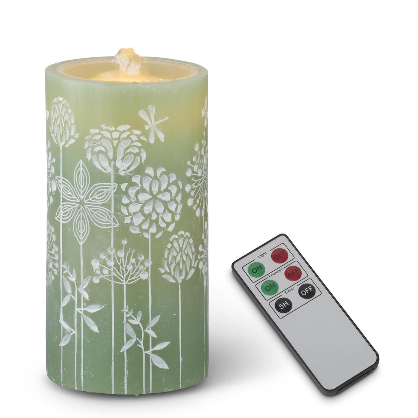 Flower Embossed LED Wax Pillar Water Candle with Remote - Green, 7.75"
