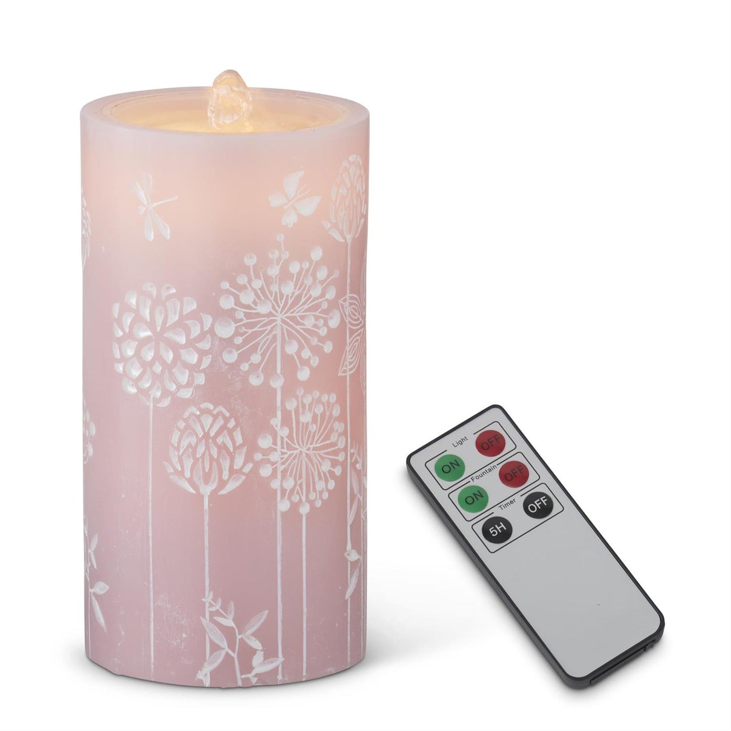 Pink Flower Embossed LED Wax Pillar Water Candle w/Remote and Timer - 7.75"