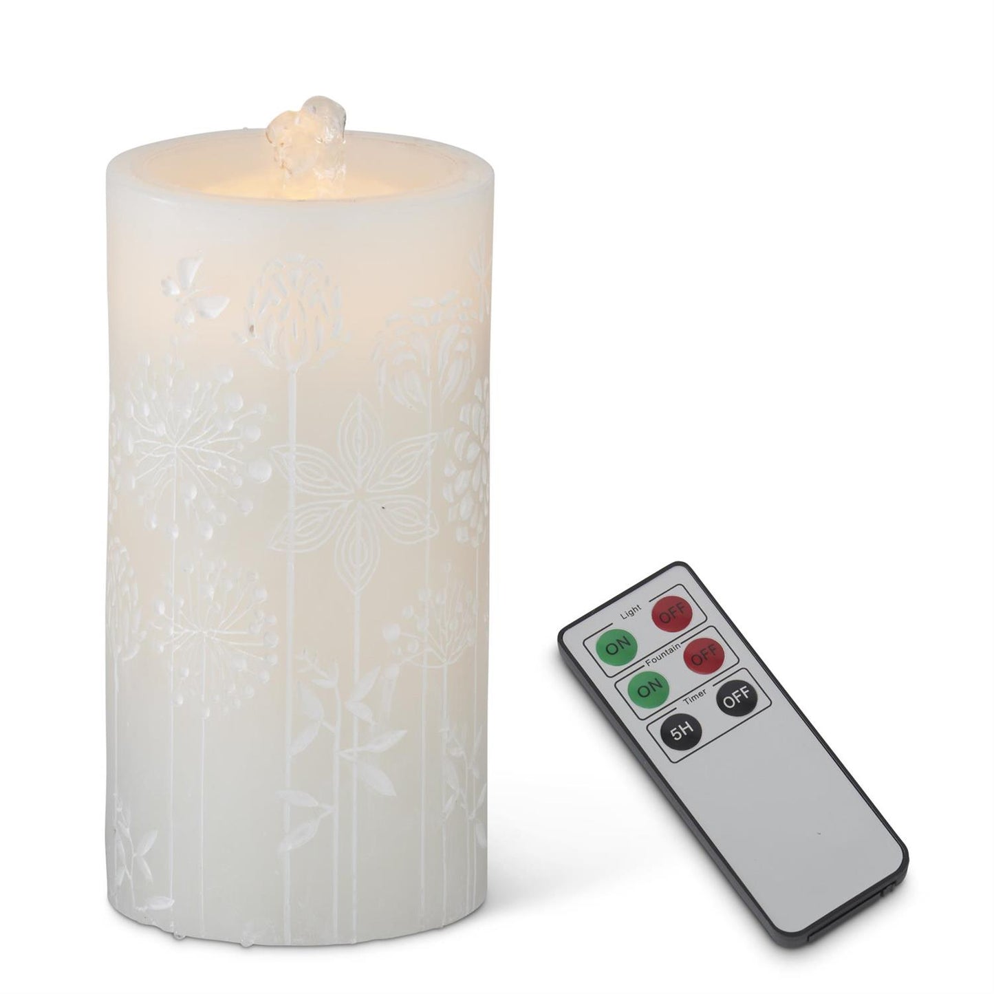 White Flower Embossed LED Wax Pillar Water Candle W/remote and Timer - 7.75"