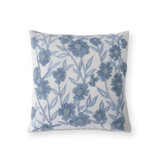 18" Square White Linen and Blue Embroidered Floral Pillow