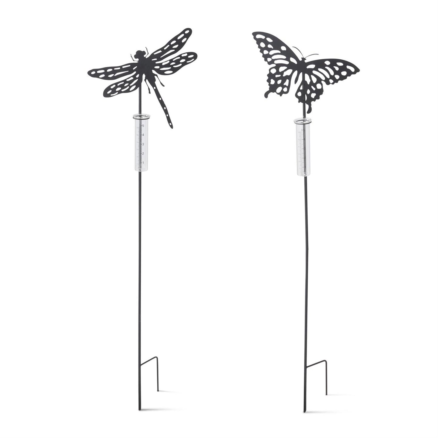 Butterfly and Dragonfly Black Metal Laser Cut Rain Gauge Garden Stake - 2 Assorted Styles