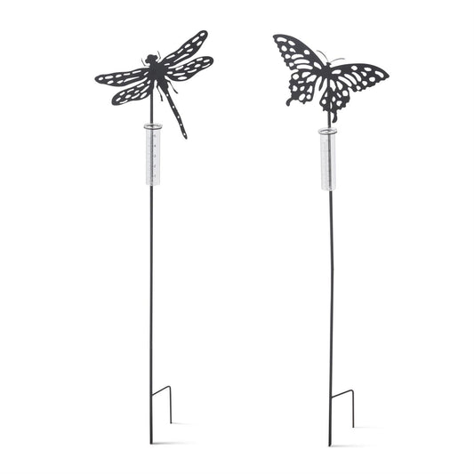 Butterfly and Dragonfly Black Metal Laser Cut Rain Gauge Garden Stake - 2 Assorted Styles