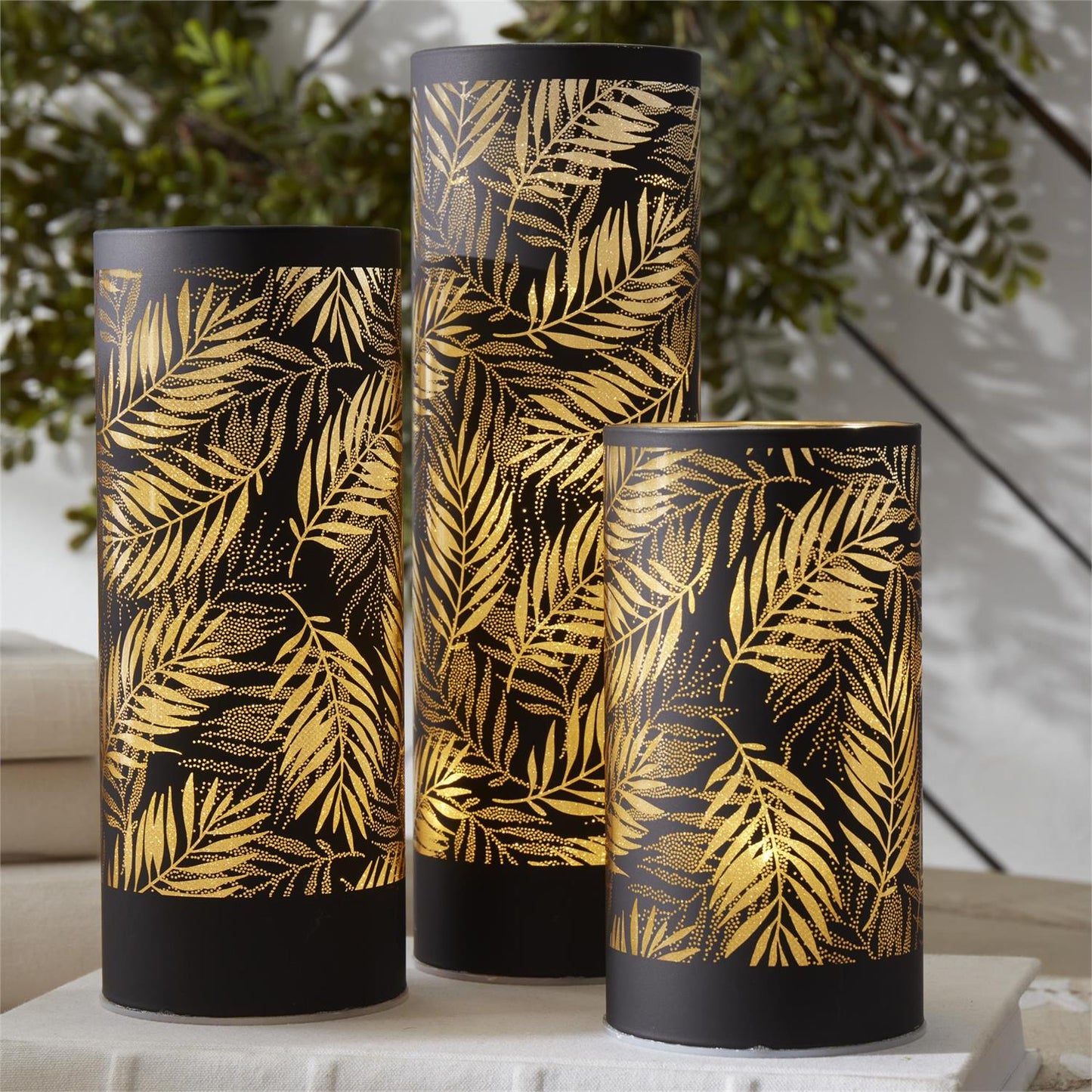 Matte Black Glass LED Tropical Leaves Cylinder with Timer - 8"