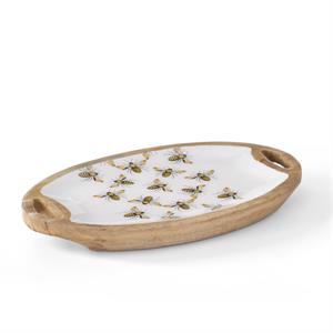Bee Enameled Oval Mango Wood Tray - 13.75"