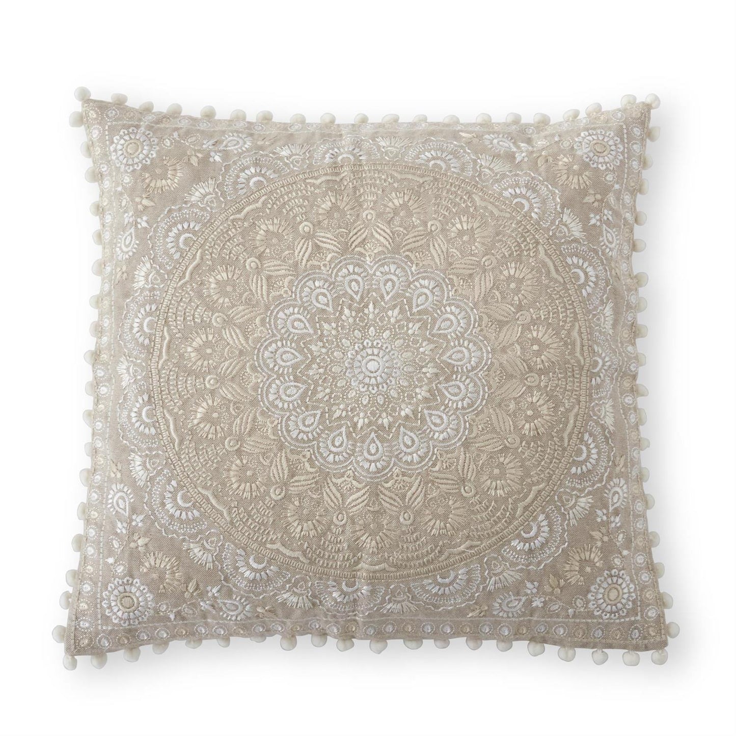 Tan Medallion Embroidered Pillow Pompom Trim - 20", Square